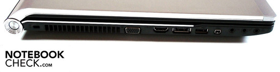 Izquierda:Seguro Kensington, VGA, HDMI, eSATA/USB 2.0, USB 3.0, Firewire, 3 entradas de audio