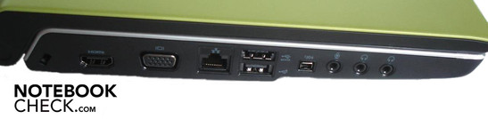 Lado Izquierdo: seguro Kensington, HDMI, VGA, LAN RJ 45 gigabits, USB 2.0, Combo eSATA/USB 2.0, Firewire, 3x audio