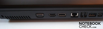 Lado Izquierdo: seguro Kensington, VGA, HDMI, puerto de pantalla, RJ-45 gigabit LAN, 2x USB 2.0, combo eSATA/USB 2.0, Firewire