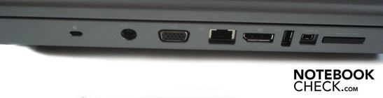 Lado Izquierdo: Seguro Kensington, Entrada de poder, VGA, RJ-45, Gigabit LAN, puerto para pantalla, USB 2.0, Firewire, lector de tarjetas 8-en-1