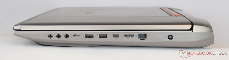 Derecha: auriculares, micrófono, entrada de línea, USB 3.1 Type-C Gen. 2 + Thunderbolt 3, 2x USB 3.0, Mini-DisplayPort, HDMI, RJ45 Ethernet, entrada de corriente
