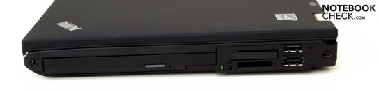 Lado Derecho: conector de audio combinado, drive óptico, ExpressCard34, Lector de Tarjetas 4en1, USB 2.0, entrada combinada USB/eSATA, compartimiento de seguridad Kensington
