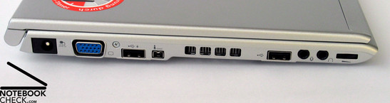 Lado Izquierdo: Conector de Poder, puerto VGA, USB, Firewire, FAN, USB, Audio