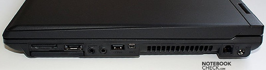 Lado Derecho: Lector de tarjetas, e-SATA, ExpressCard, salida de audio (SPDIF), entrada de audio, USB, FireWire, rejilla, modem, conector de poder