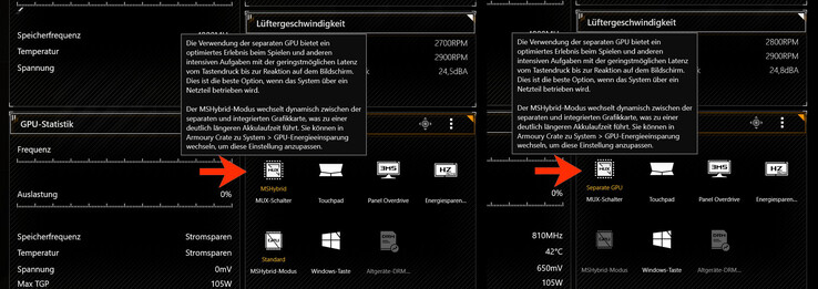 Sólo una pequeña sección dentro del software Armoury Crate indica si está activo el modo Optimus ("MSHybrid") o el modo dGPU ("Separate GPU").