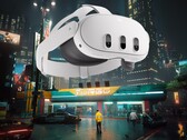 Se muestra el casco de realidad virtual Meta Quest 3 en la Ciudad Nocturna de Cyberpunk 2077 (Fuente de la imagen: Meta, Steam con ediciones)