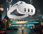 Se muestra el casco de realidad virtual Meta Quest 3 en la Ciudad Nocturna de Cyberpunk 2077 (Fuente de la imagen: Meta, Steam con ediciones)