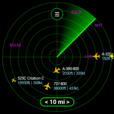 Visualización tipo radar en la aplicación Flight Scanner