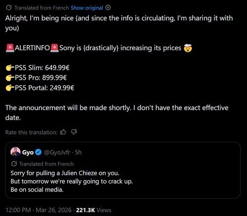 Rumor de aumento de precio de PS5 en X