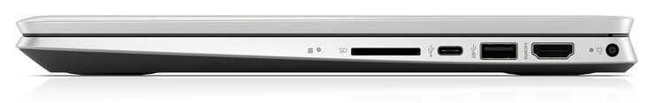 Lado derecho: lector de tarjetas de almacenamiento (SD), USB 3.2 Gen 1 (Tipo C), USB 3.2 Gen 1 (Tipo A), HDMI, adaptador de CA