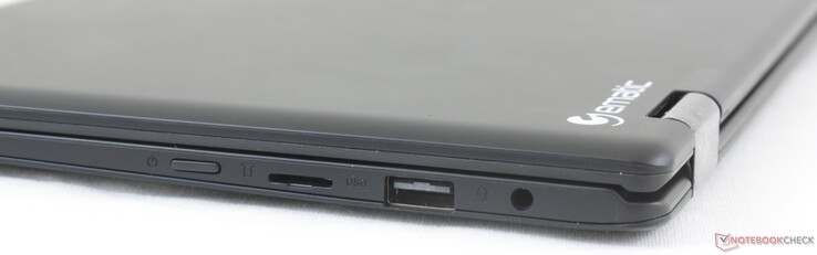 Derecha: Botón de encendido, lector MicroSD, USB 2.0, auriculares de 3.5 mm