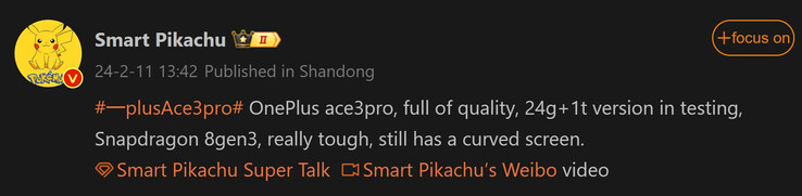 Smart Pikachu comparte la información inicial del OnePlus Ace 3 Pro (Fuente de la imagen: Weibo)