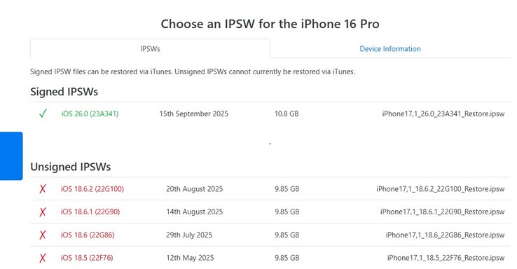 Desde el 23 de septiembre, iOS 26.0 es la única versión firmada de iOS disponible para la serie iPhone 16 y otros dispositivos con iOS 26. (Fuente de la imagen: IPSW)