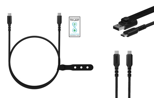 Los cables USB-C de Fairphone están trenzados y vienen con un adaptador USB-A. (Fuente de la imagen: Fairphone)