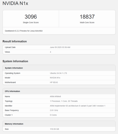 Listado de Geekbench del Nvidia N1X (fuente de la imagen: Geekbench)
