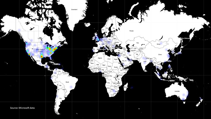 Este mapa de calor indica que la mayoría de los aparatos apuntados estaban en los Estados Unidos (Fuente de la imagen: Microsoft)