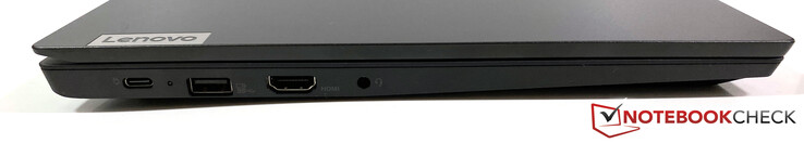 Lado izquierdo: Un puerto Thunderbolt 4, un puerto USB-A 3.1 Gen 1 (Always On), salida HDMI 1.4, toma combinada de auriculares/micrófono