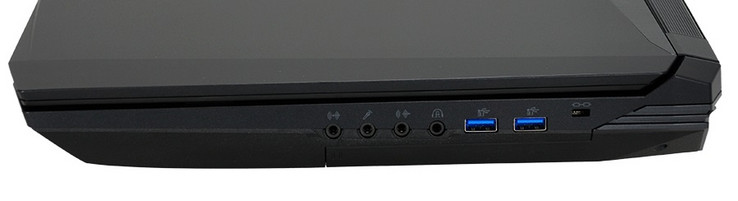 Derecha: 3,5 mm 7.1 salida de audio, auriculares, entrada de micrófono, entrada de línea S/PDIF, 2x USB 3.0, Kensington Lock