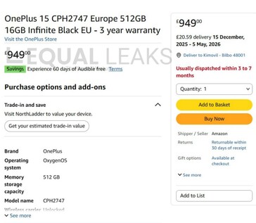 Listado del OnePlus 15 en Amazon UK (Fuente de la imagen: Equal Leaks)