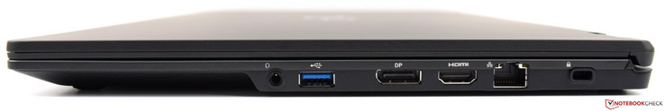 derecha: toma de audio combinada, USB 3.0 Tipo-A, DisplayPort, HDMI, Ethernet, bloqueo Kensington