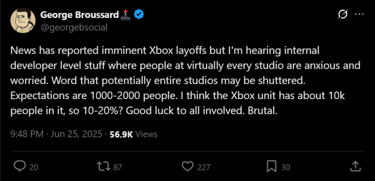 George Broussard Rumores de despidos en Xbox (Fuente de la imagen: captura de pantalla, cuenta X de George Broussard)