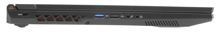 Izquierda: ranura de bloqueo de cables, USB 3.2 gen. 1 (USB-A), USB 2.0 (USB-A), entrada de micrófono, toma de audio combinada