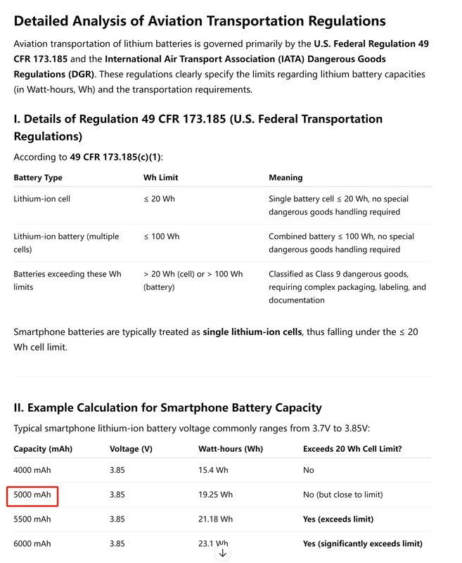 Según el Reglamento de Transporte Aéreo de EE.UU. 49 CFR 173.185, todas las baterías de litio con una capacidad superior a 20 Wh por célula de batería deben clasificarse como mercancías peligrosas.