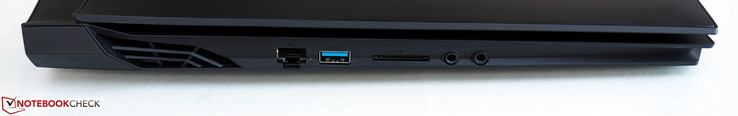 izquierda: RJ45 LAN, USB-A 3.0, lector de tarjetas, clavija de auriculares, clavija de micrófono