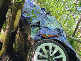 El Model 3 se precipitó 85 pies en el aire antes de estrellarse contra el tronco de un árbol (imagen: Black Lake Towing)