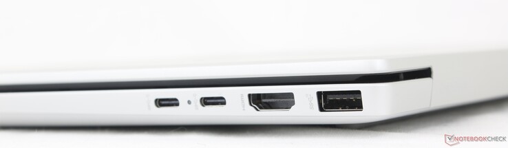Derecha: 2x USB-C con DisplayPort + Power Delivery (10 Gbps), HDMI 2.1, USB-A (10 Gbps)