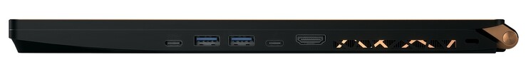 Lado derecho: USB Type-C 3.0, 2x USB Type-A 3.1 Gen 2, Thunderbolt 3, HDMI 2.0, Kensington lock