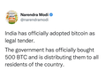 Los hackers tuitean que la India ha aceptado el Bitcoin como moneda oficial desde la cuenta del primer ministro Modi