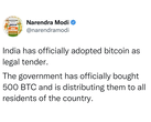 Los hackers tuitean que la India ha aceptado el Bitcoin como moneda oficial desde la cuenta del primer ministro Modi