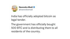India adopta el Bitcoin como moneda legal, léase la cuenta hackeada (imagen: Narendra Modi/Twitter)