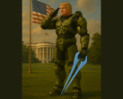 Donald Trump con la armadura Mjolnir del Jefe Maestro (fuente de la imagen: La Casa Blanca en X)