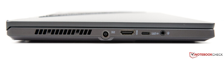 Derecha: Fuente de alimentación, HDMI 2.0b, USB-C 3.2 Gen. 2 (con DP, PD y G-Sync), conector de audio combinado de 3,5 mm