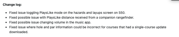 El registro de cambios del software de sistema 8.04 para los relojes inteligentes Garmin Approach S44 y S50. (Fuente de la imagen: captura de pantalla del foro de Garmin)
