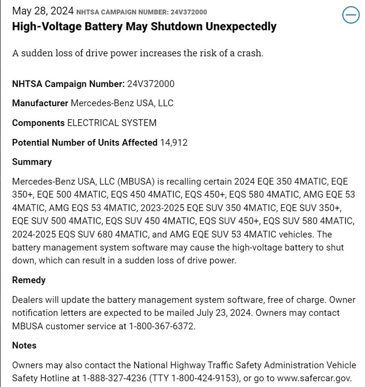 Aviso de llamada a revisión de Mercedes-Benz. (Fuente: NHTSA)