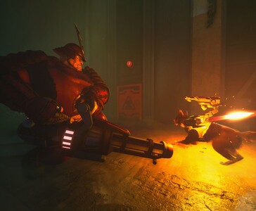 El agente T.H.U.N.D.E.R. lucha contra un enemigo fuertemente acorazado con un lanzallamas en Barkour, utilizando armas montadas de alta tecnología. (Fuente de la imagen: Varsav Game Studios vía Steam)