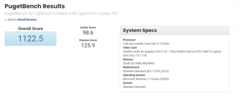 Configuración de la GPU Intel Core i7-12700H y RTX 3080 Ti para portátiles en PugetBench. (Fuente: PugetBench)