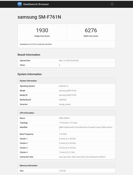 Galaxy Listado de Geekbench del Z Flip FE (fuente de la imagen: Abhishek Yadav en X)