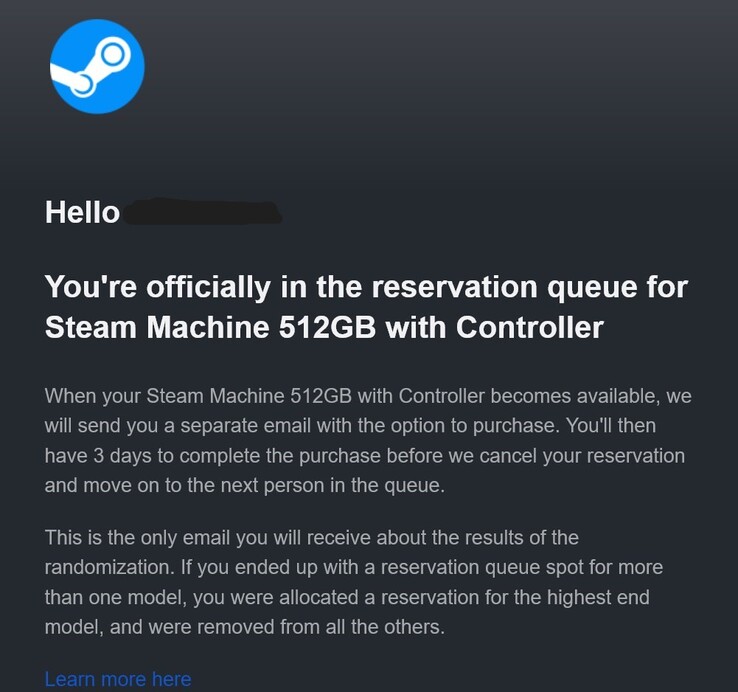 Correo electrónico de reserva de la Steam Machine.