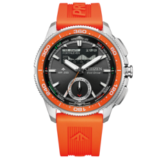 Imagen frontal del producto Citizen Promaster Wave Tracker JV3000-13E con correa de caucho naranja, bisel naranja, esfera negra y pantalla analógica-digital con cronómetro de regata.