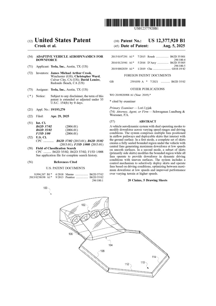 La patente del sistema aerodinámico de palas del Tesla Roadster 2. (Fuente de la imagen: USPTO)
