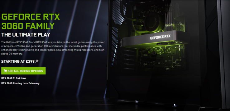 El GeForce RTX 3060 comenzará en £299, según NVIDIA. (Fuente de la imagen: NVIDIA)