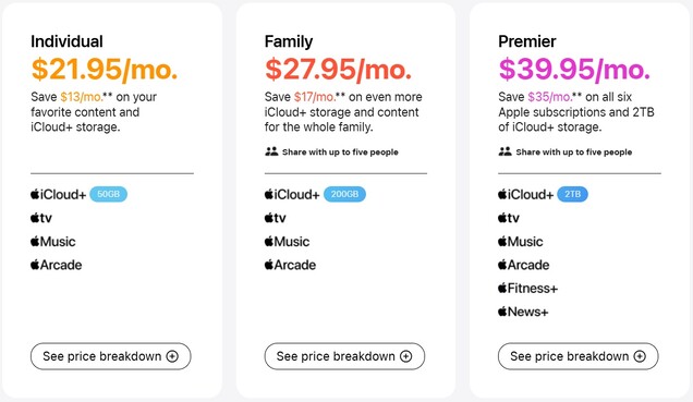 Planes de suscripción de Apple One con precios de EE. UU.