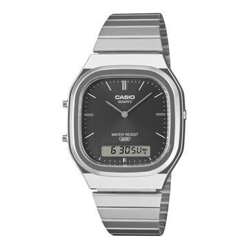 Reloj retro analógico-digital Casio AQ-240E-1A con esfera negra con efecto rayos de sol, caja en tono plateado y brazalete de acero inoxidable.