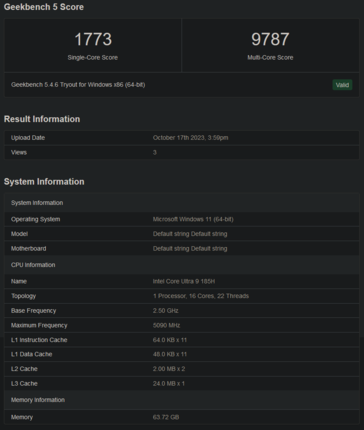 Core Ultra 9 185H listado de Geekbench (imagen vía Geekbench)