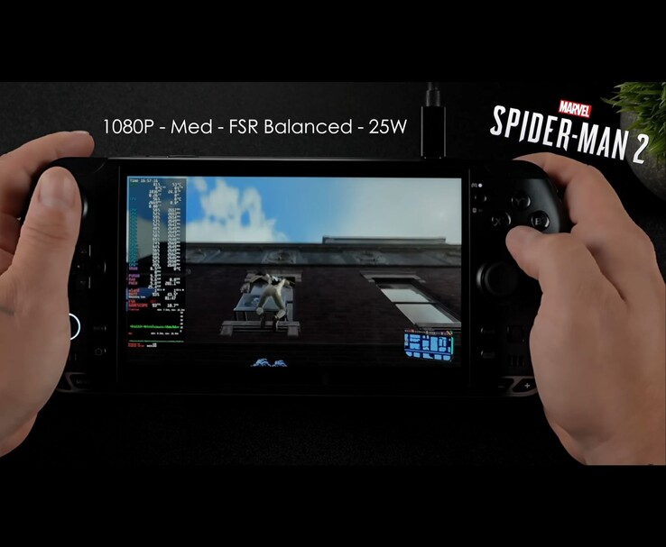 PC de juegos portátil GPD Win 5 ejecutando Marvel's Spider-Man 2 a 1080p ajustes medios con FSR Balanced y un TDP de 25 W. (Fuente de la imagen: ETA PRIME vía YouTube)