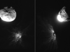Fotos tomadas por el LICIACube italiano del asteroide tras el impacto (Fuente de las imágenes: NASA, ASI y Universidad de Maryland; recortadas)